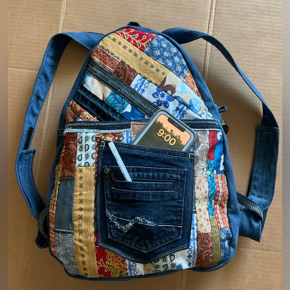 Unique One of a Kind Patchwork Denim Backpack handcrafted